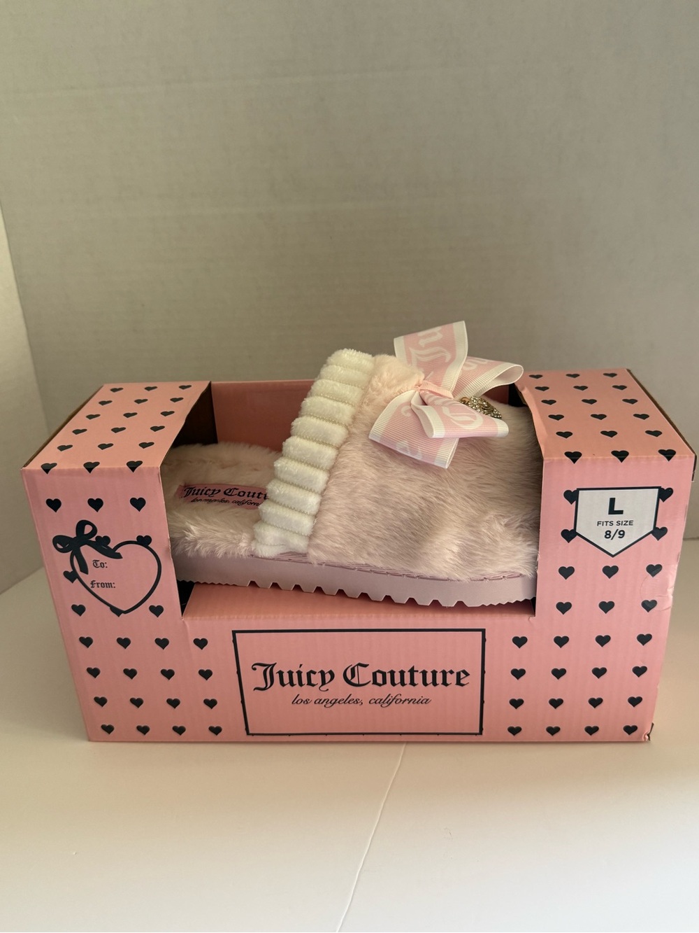 NIB JUICY COUTURE Pink Faux Fur Slippers with Ribbon Bow- Size Large ( 8/9)